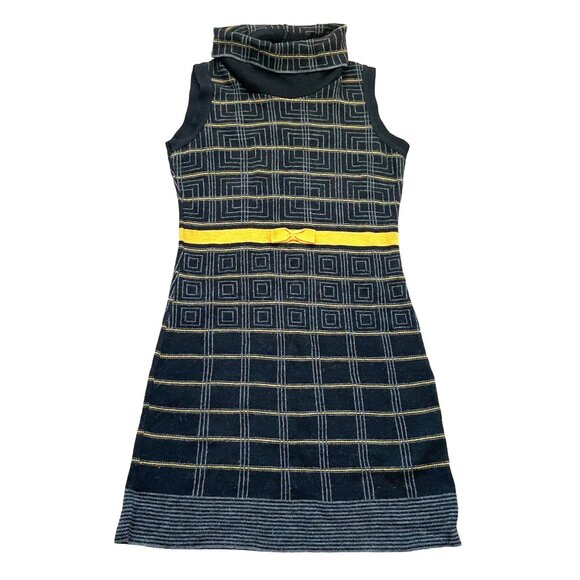 A. Ida Wool Blend Sweater Dress Women's Size Large Black/Yellow Geometric Plaid - Picture 1 of 8